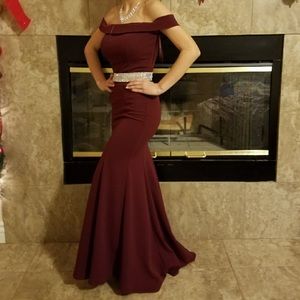 Burgundy off the shoulder long prom formal dress